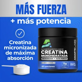 Amarte Labs Creatina Monohidratada 100 Pura y Micronizada, Alta Absorcin, Fuerza, Potencia, Recuperacin, Energa Mental, 300 g, 60 Porciones, Sin Sabor