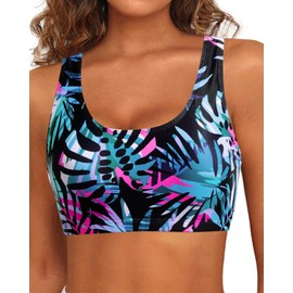 Tempt Me Women Blue Leaves Sports Bra Bikini Top Push Up Scoop Neck Bathing Suits Top for Teen Girls L