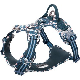 No Pull Dog Harness Reflective Adjustable Dog Vest Harness with Front Clip Easy Control Handle for Large Dogs Padded Puppy Harness 3 Snap Buckles Easy to Put On & Take Off Floral White L