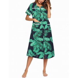 Ekouaer Womens Snap Front Dusters Cotton Housecoat Short Sleeve Nightgown House Dress With Pockets Navy Leaf XL