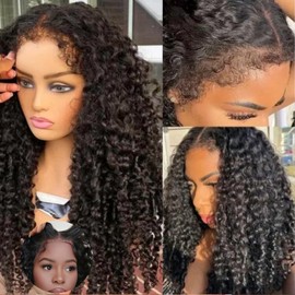KLAIYI Kinky Edges Curly Bye Bye Knots Glueless Wig 7x5 Pre Cut Lace Front Wigs Human Hair Pre Bleached Pre Plucked 30 Easy to Wear and Go Wig 4C Deep Wave Ready to Go Wig with Curly Baby Hair 16Inch