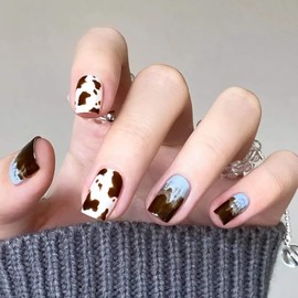 MERVF Short Press on Nails Square Fall Fake Nails Brown French Tip Glue ons with Cow Print Design 24Pcs Glossy Blue Cute Acrylic Nail for Women and Girls