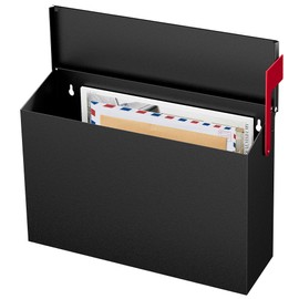 VERSASKY Wall-Mount Mailbox for Outside, Large Capacity Rust-Proof Mail Box with Stay-Open Lid & Red Flag Kit, Galvanized Steel Weather-Resistant Post Box for House Outside, 15"x4.7"x10.5", Black