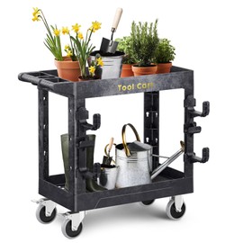 Heavy Duty Garden Tool Carts,600LBS Capacity 2 Tier Yard Tool Storage Rack with Side Hooks Garage Tool Cart with 360°Swivel Wheels Outdoor Garden Tool for Shed, Yard, Garage,Black