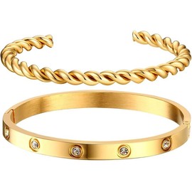 Gold Women Bangle Tennis Bracelet - Stainless Steel Gold Plated Girls Bangle, Dainty Cubic Zirconia Classic Tennis Bracelets, 17/19cm Jewelry Set Gift for Mother Girlfriend Sister BBF