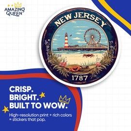 New Jersey Stickers - Jersey Shore Decal - Beach Ferris Wheel Sticker - Landmark Souvenir - 2 Pack - - 5" Wide Design - Adheres to Laptops, Tumblers, and More - Made in The USA - AQS4346