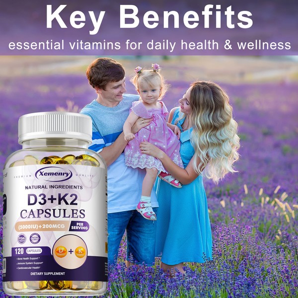 xemenry Vitamins D3+K2 200mcg - Cholecalciferol MK7 Bone Blood Heart