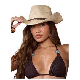 GORGLITTER Women's Straw Cowboy Hat Wide Brim Fedora Panama Hats Country Concert Outfits Beige One-Size