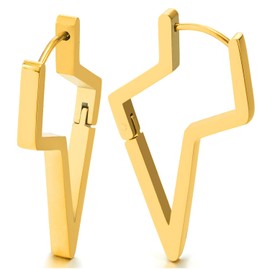 Pair Gold Color Lightning Bolt Hoop Earrings for Women, Stainless Steel Huggie Hinged, Metal, No Gemstone