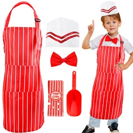 Flotory 54 Pcs Kids Waiter Costume Set Includes 50 Pcs Popcorn Bags Chef Red Hat Bow Tie Shovel Red and White Striped Apron for Boy Girl Cosplay Party Costume