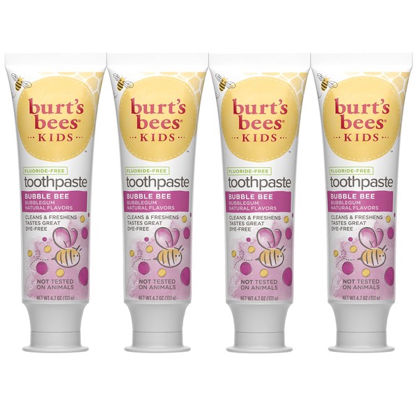 Burt’s Bees Kids Toothpaste, Bubblegum Flavor, Fluoride Free, Bubble Bee, 4.7 oz, Pack of 4