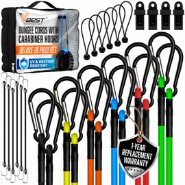 VBEST Carabiner Bungee Cords with Hooks - Heavy Duty Outdoor 28 Pack Assortment Includes 4 Free Tarp Clips, Canopy Ties, Bunnies Ball & Storage Bag
