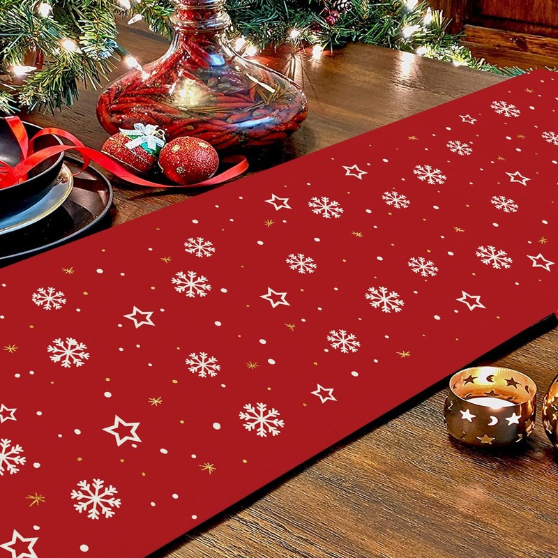 Christmas Gnomes Table Runner Red Snowflake Winter Decorations Glitter Xmas