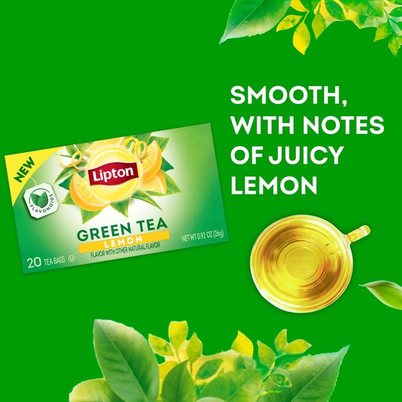 Lipton Lemon Green Tea Bags, Flavored, Unsweetened Teabags for Hot