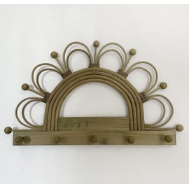 RISEON Rattan Wall Hooks Entryway Wall Hanging Shelf, Nature Rattan Garments Organizer Key Holder Rack, Clothes Hat Hanging Hook Hanger, Wall-Mounted Wood Rack for Living Room,Kids Room Decor (Brown)