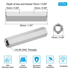 PATIKIL 1/4"-20 UNC 304 Stainless Steel Hex Coupling Nuts, 5Pcs 2" Length Half Threaded Rod Coupling Nut Studding Connector Fasteners, Silver Tone