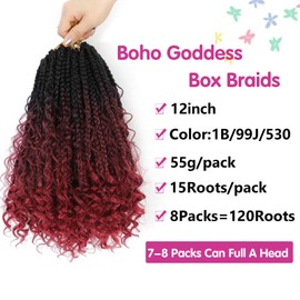 Wodun12inchGoddess Box Braids Crochet Hair Pre Looped Box-Braids Crochet-Hair with Curly Ends For Black Women Synthetic 3X Bohemian Box Braiding Hair Extensions(12inch,8Packs,1B/99J/530)