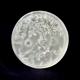 Real Selenite Charging Plate with Engraving "Tree of Life" Diameter 13.5 cm - Heavy Design 500 g - with Small Acrylic Stand