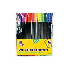 Dual Tip Felt Plastic Pens (16 cm x 1 cm) Pack of 12 - Assorted Colors with Fine & Brush Tips, Perfect for Art & Writing, Black