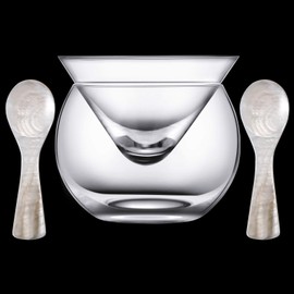 Glass Caviar Serving Set with 2 Pcs Mother of Pearl Spoons 3.2 Inch Caviar Dish Chiller Server Set with Ice Holder for Egg, Ice Cream, Coffee, Restaurant Serving