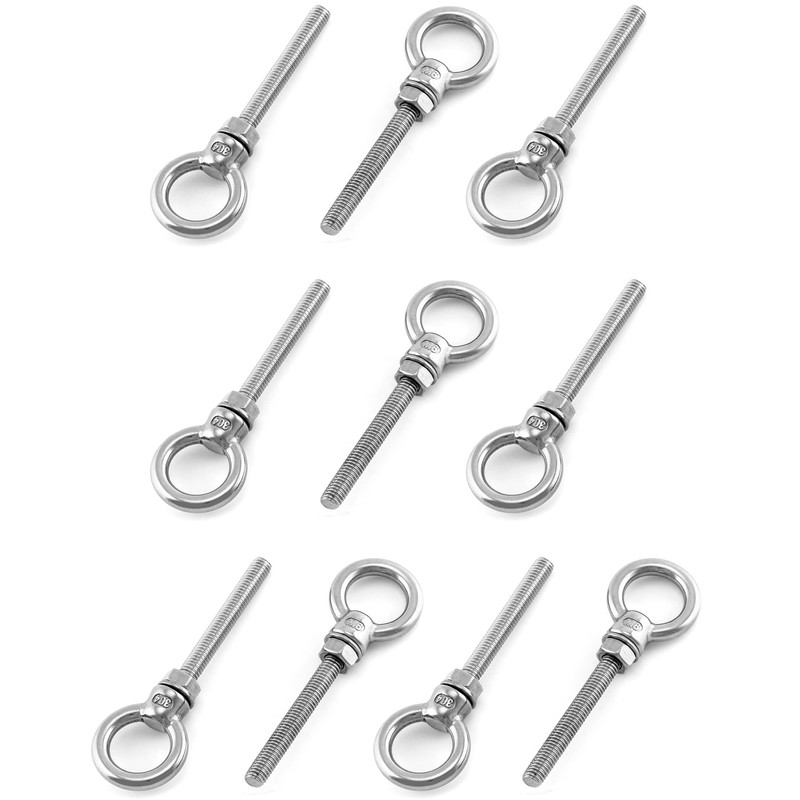 QWORK Threaded Eyebolts, 10 Pack 1/4" x 2" Long Stainless
