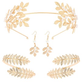 AstraGlam 5-Piece Greek Goddess Jewellery Set, Golden Leaf Headpiece, Boho Laurel Wreath Tiara, Pearl Earrings, Elegant Accessories for Women, Wedding, Party, Toga