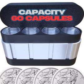 NEW! QTY- 60 CAPSULE COIN HOLDER - Silver and Black - Capacity 60 Capsules.