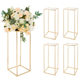 Fullvaseer 5Pcs 23.6 Inch Gold Flower Stand Centerpieces,Wedding Centerpieces Vase for Tables with Plates,Rectangular Flower Display Rack for Table Decorations, Event, Home, Party
