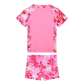 Tziharora Girls Swimsuits Size 9-10 Years Old Pink Flowers Two Pieces Short Sleeve Tankini Quick-Dry Suits