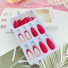 Red Fake Nails Medium Long Press on Nails Almond False Nails with Designs Daily Wear Simple Full Cover Acrylic Nails Artificial Glossy Stick on Nails for Women 24 Pcs