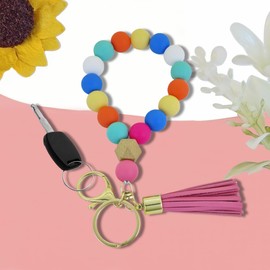 AkiliBIELY Rainbow Silicone Beads Wristlet Keychain for Women Leather Tassels Beaded Bracelet Key Chain for Work Wallet Car Motorcycle Cute Keychains Cool Accessories Keys Chains