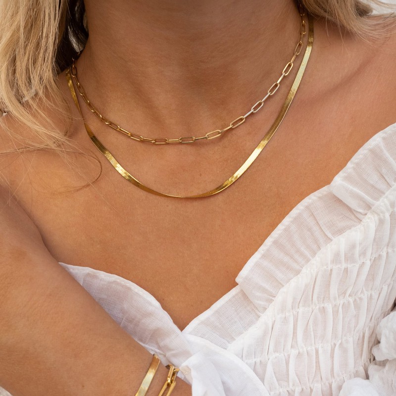 CHESKY Necklace for Women, 14k Gold Plated Layered Herringbone Paperclip