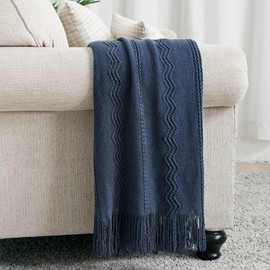 BOURINA Textured Solid Soft Sofa Throw Couch Cover Knitted Decorative Blanket (Navy, 60x80 inches)