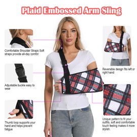 Fotgok Plaid Arm Sling for Shoulder Injury with Adjustable Buckle, Soft Embossed Fabric Shoulder Immobilizer for Men and Women, Medical Arm Sling for Rotator Cuff Surgery, Red