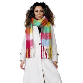 Daisy Dreamer Women Chunky Knit Bright Blanket Scarf Long Plaid Wrap Winter Warm Check Scarves Shawls with Tassel Gift for Ladies, Yellow/Burgundy Check