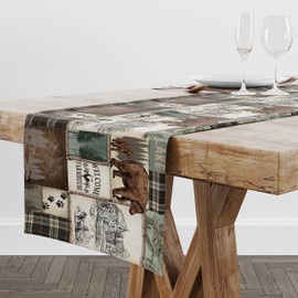 Rustic Bear Table Runner,Vintage Country Forest Wildlife for Home Kitchen Dining Table Decoration,36X13inch
