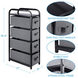 4 Drawer Narrow Dresser Fabric Storage Tower Vertical Slim Storage Chest Organizer Nightstand Side/End Table Small Standing Organizer Removable Drawers Wood Top for Bedroom, Bathroom,Entryway（Grey)