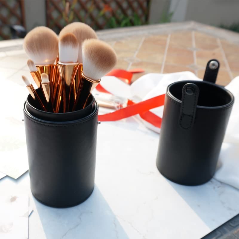 Black Empty PU Leather Makeup Brush Holder with Lid Travel