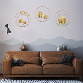 Pack of 3 Wall Sculptures Gold Wall Pictures 3D Wall Decoration Gold Living Room Round Ornament Wall Hanging Metal Wall Decoration for Bedroom Aisle Office Decoration (with 5 Seamless Nails)