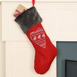Dibor 2 Red Knitted Nordic Christmas Stockings Heart Stitching and Faux Fur Cuff (Y603)