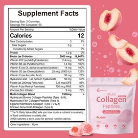Collagen Gummies for Women Men, Hydrolyzed Collagen Peptides Types I,II,III,V,X with Biotin & Hyaluronic Acid, Vitamins C A D E B12 K2 Support, Sugar-Free for Skin Hair Nails Immunity Energy 180 count