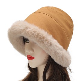 ZLYC Women Winter Furry Bucket Hat Rolled Brim Faux Fur Cloche Hat with Fleece Lining(Solid Yellow)