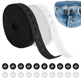 2 Rolls Elastic Sewing Tape Set with 20 Resin Buttons, 14 m (15 Yards) Elastic Band in Black and White for Trouser Skirt Headband, DIY Sewing and Creative Projects (Width 20 mm)