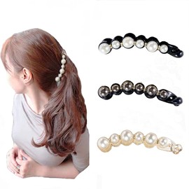 3Pcs Pearl Hair Clip Banana Clips Ponytail Holder Banana Hair Clips Rhinestones Jaw Clips Thick Fine Hair Clip French Barrettes Hair Accessories for Women Girls (Random Colors)