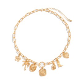 Travel Artisan Gold Chunky Charm Necklace Paperclip Necklace for Women,Statement Paperclip Chain Necklaces Heart Pendants Cow Flower Fashion Choker Necklace(Gold Charm)