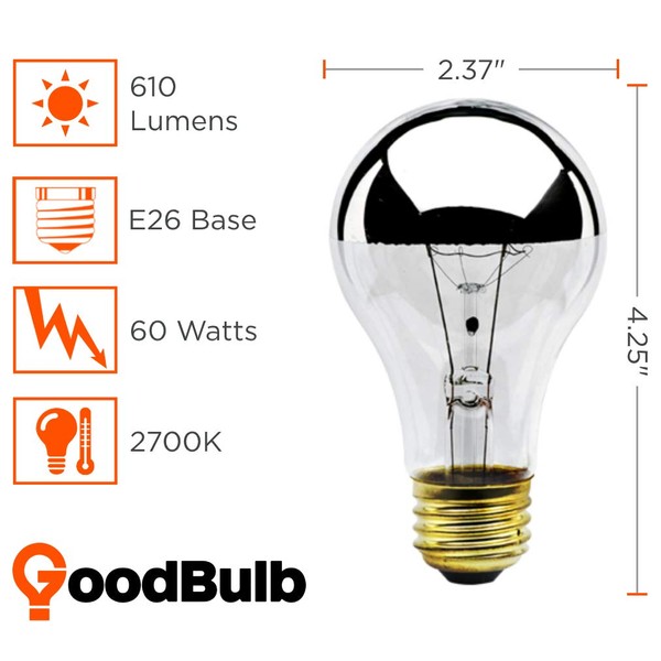 Half-Chrome Light Bulb - Incandescent Light Bulbs 60 Watt - A19 Shape - E26 Medium Base - 120 Volt - 2700K Warm White Light Color