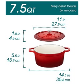 vancasso Enameled Cast Iron Dutch Oven, 7.5 QT Dutch Oven Pot with Lid, Round Enamel Dutch Oven for Bread Baking, Non Stick Enamel Coating, Pot's Body Cast Iron, Red