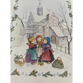 Vtg Christmas Card UNUSED Girls In Village Liese Lotte Fabig Caspari Pine