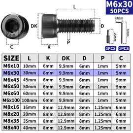 TXXATX Pack of 50 M6 x 30 mm Screws Cylinder Screws with Hexagon Socket DIN 912 Cylinder Head Screws Black Hex Screws Carbon Steel Full Thread Allen Screws for Furniture Repair