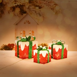 Iceberg Effect Christmas Lighted Gift Boxes, Set of 3 Indoor Outdoor Present Box for Pathway Home Yard X-mas Holiday Party Decorations (Red/White/Green)